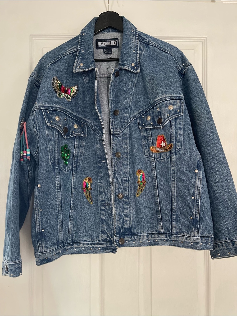 Mixed Blues vintage Embellished Denim Jacket studded western Jean jacket large